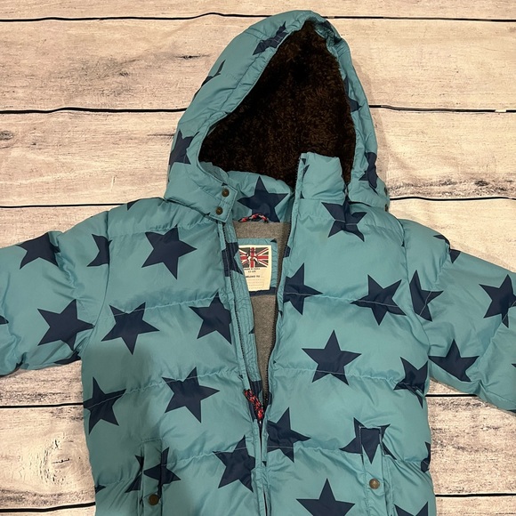 Mini Boden Puffer Coat Jacket Boys Girls size 11-12 Y Teal Blue Navy Stars Warm - Picture 2 of 5